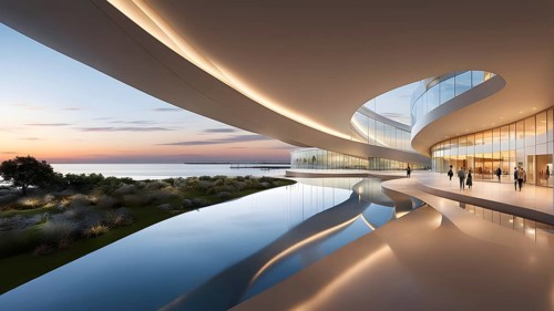 Modern art museum architecture inspired by seashells spiral patterns, AI generated