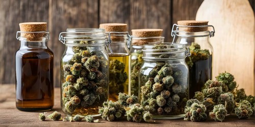 Glass jar filled with dried cannabis buds and oil on a weathered wooden counter, AI generated