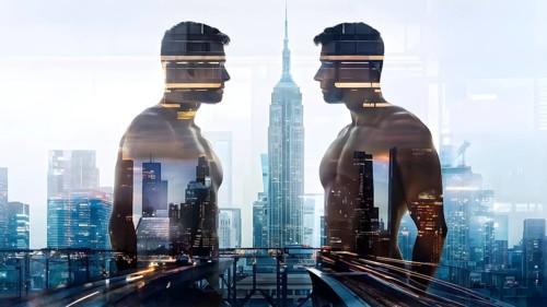 Digital representation of a multiple exposure photograph featuring a cyber human and an urban