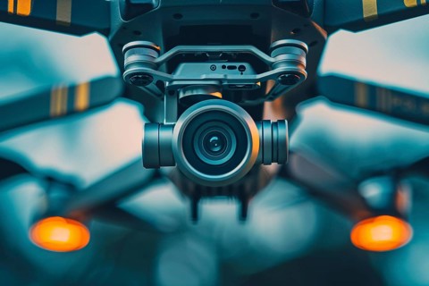 Close up of video and photo camera lens of flying drone. Generative Ai, AI generated