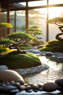 Zen garden bathed in the soft glow of dawn as a serene symbol for relaxation, AI generated