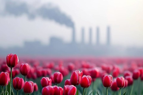 Field with tulip flowers and factory with grey fumes in background. Generative Ai, AI generated