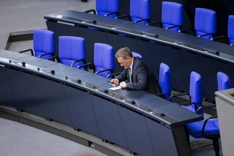 Christian Lindner (FDP), Federal Minister of Finance, sits on the government bench in the Bundestag