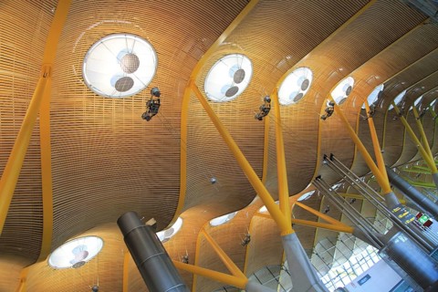 Modern architecture ceiling interior of terminal 4 building, Adolfo Suárez Madrid–Barajas airport,