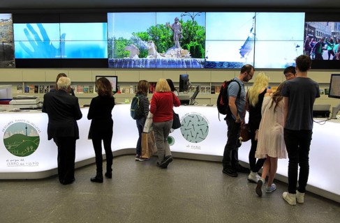 People inside tourist information office, Plaza Mayor, Madrid city centre, Spain, Europe