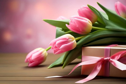 Gift Box with Pink Ribbon Beside bouquet of Fresh Tulips on Bokeh Background. Good for Valentine
