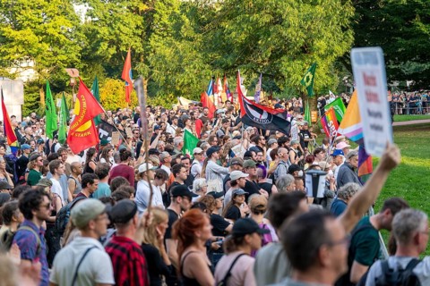 Protests against a so-called citizens' dialogue of the AfD in the Philharmonie in Essen, the