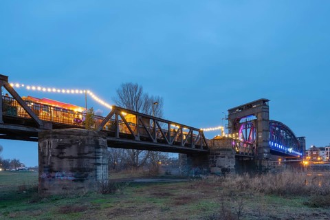Christmas market on Magdeburg lift bridge, Magdeburg, Saxony-Anhalt, Germany, Europe
