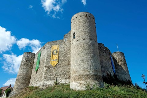 Billy. The fortress castle of the XIII Century, and its coloures oriflames of the houses of