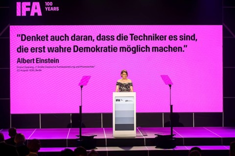 Sara Warneke, Managing Director of gfu Consumer & Home Electronics GmbH speaks at the opening gala