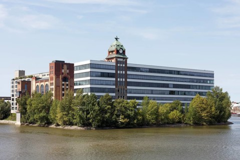 Plange Mill from 1906, converted into an office building, Düsseldorf harbour, Düsseldorf, North