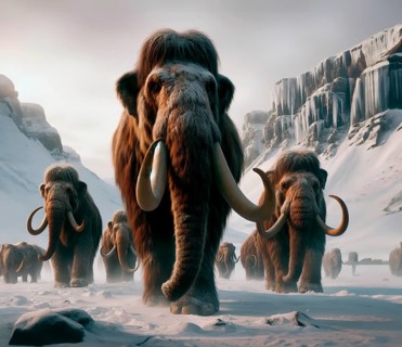 Prehistory, prehistory, a herd of mammoths (Mammuthus) in the prehistoric cold steppe tundra,