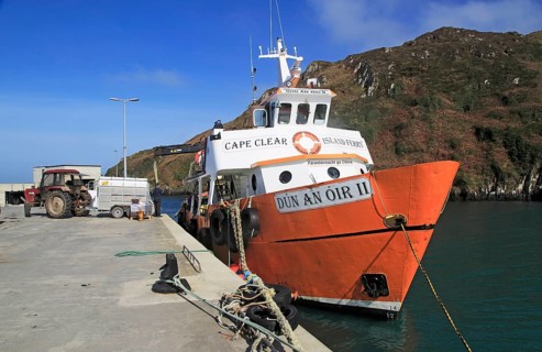Ferry boat at quayside, North harbour, Cape Clear Island, County Cork, Ireland, Irish Republic,