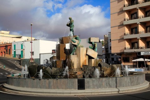 Water fountain sculpture in town centre, Puerto del Rosario, Fuerteventura, Canary Islands, Spain,