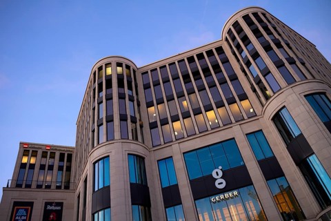 Exterior shot of Das Gerber shopping centre, logo, Rothaus, Aldi Süd, blue hour, Stuttgart,