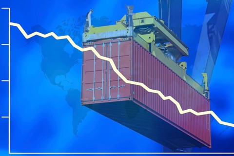 Composing with falling share price and a container as a symbol for a declining (world) economy