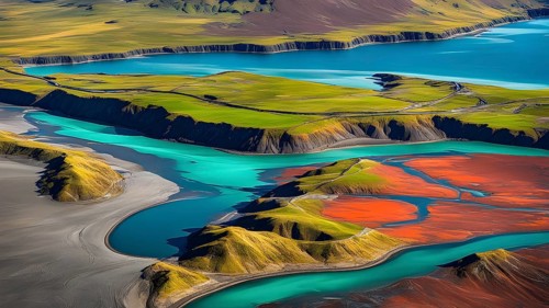 Aerial view perpendicular top down of an abstract colorful river along the coastline, AI generated