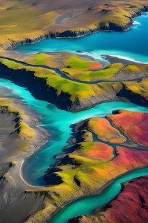 Aerial view perpendicular top down of an abstract colorful river along the coastline, AI generated