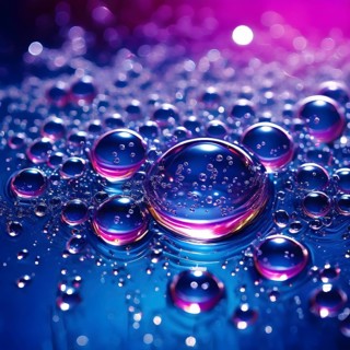 A cluster of iridescent vibrant blue oil bubbles floating on a water surface, AI generated