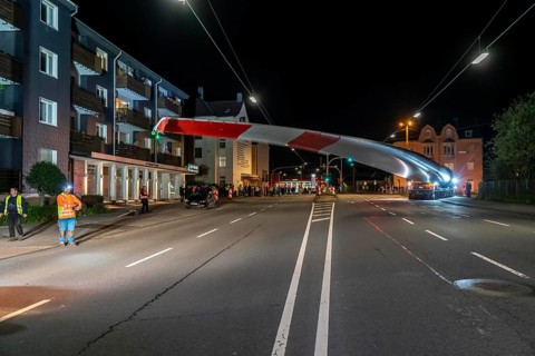 Transport of a 68 metre long, 22 tonne blade of a wind turbine, here in Schwelm, with a