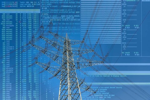 Symbolic image of critical infrastructure, blackout risk, cyberterrorism, high-voltage pylons of