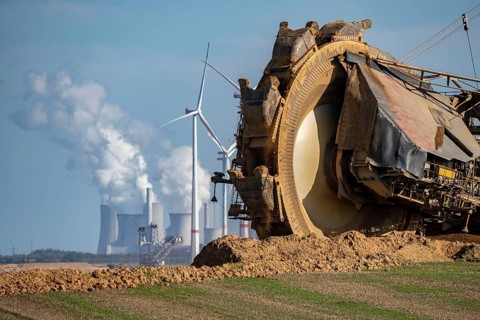 Opencast lignite mine Garzweiler II, bucket wheel excavator dredging, at the edge of the opencast