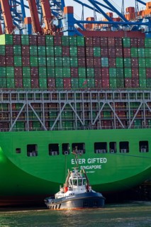 Container ship Ever Gifted, arriving at the port of Hamburg, Waltershofer Hafen, HHLA Container