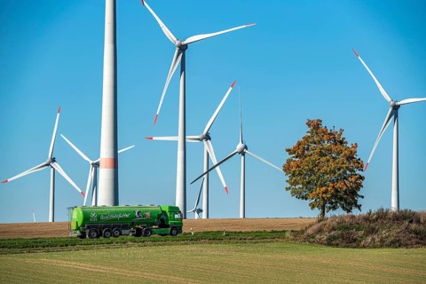 Wind farm near Lichtenau, wind turbines, country road, Driburger Straße, cattle feed transporter,