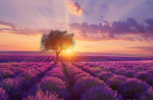 Scenic sunset field of lavender in France. Sunset sky is filled with clouds, AI generated