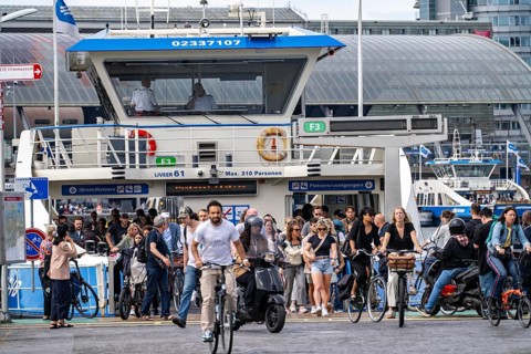 GVB ferries for pedestrians and cyclists across the river Ij, to Amsterdam Centraal station, free