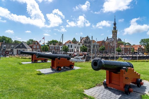 The town of Veere, province of Zeeland, marina, sailing harbour, tower of the old town hall,