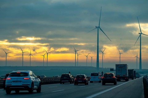 A44 motorway, near Jüchen, crosses the Garzweiler open-cast lignite mining area, wind farm along
