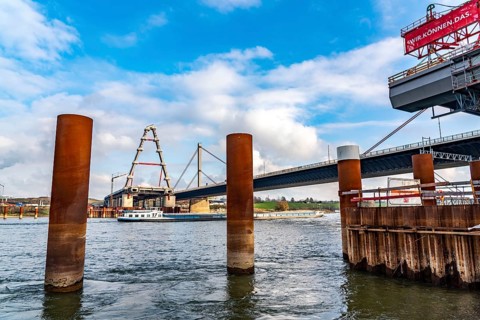 New construction of the A1 motorway bridge over the Rhine near Leverkusen, after completion of the
