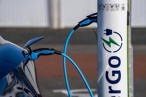 Electric car fast charging station, from the Dutch provider PowerGo, in the ferry harbour of