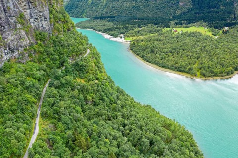 Aerial view of road above lake Lovatnet (or: Loenvatnet), valley Lodalen south of village Loen,