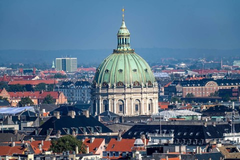 Panorama view over the city centre of Copenhagen, dome of the Protestant Frederiks Kirke, Denmark,