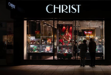 Night shot, jewellery shop CHRIST, jewellery, shop window, pedestrian zone, shopping, logo, shop,