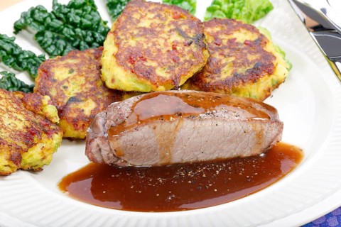 Swabian cuisine, medallions of wild boar with savoy cabbage cakes, meat dish, roasted, hearty, home