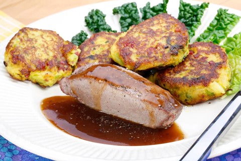 Swabian cuisine, medallions of wild boar with savoy cabbage cakes, meat dish, roasted, hearty, home
