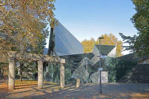 New synagogue built 2010, Magenza, modern building and rest with columns of old destroyed building,