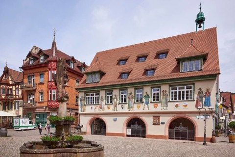 Town hall fountain and town hall of Haslach im Kinzigtal, Black Forest, Ortenaukreis,
