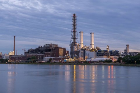 BASF, Lugwigshafen on the Rhine, industrial area, dusk, Mannheim, Baden-Württemberg, Germany,