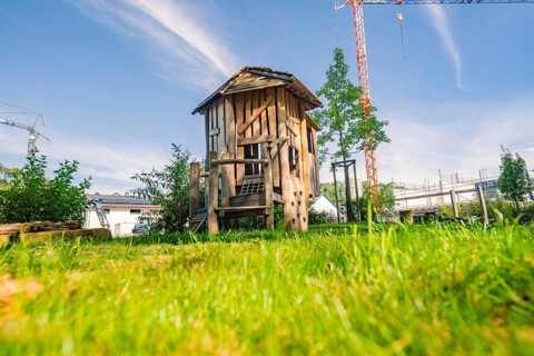 Wooden garden house in a large garden under a blue sky, Nagold, Black Forest, Germany, Europe