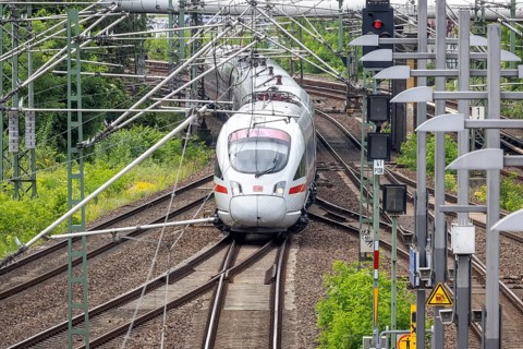 ICE train travelling on open track near Gesundbrunnen station, Berlin, Germany, Europe