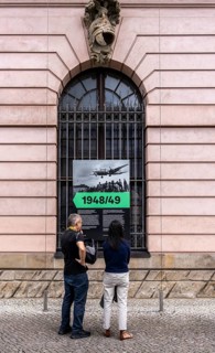 Exhibition information on the windows of the German Historical Museum, Berlin, Germany, Europe