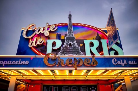 Food stand crêpes, cappuciono, coffee, Eiffel Tower, Notre-Dame, Paris, neon lights, carnival,