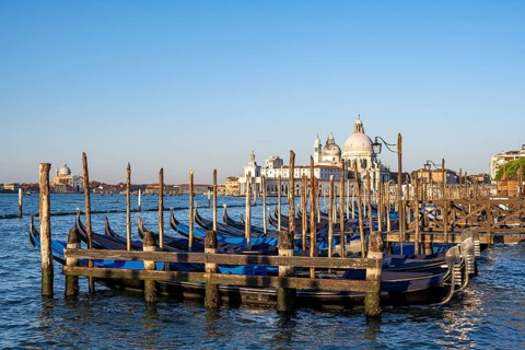 Venetian gondolas, boat dock at St Mark's Square, church Basilica di Santa Maria della Salute in