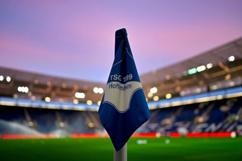 Corner flag with logo TSG 1899 Hoffenheim, interior, overview, evening atmosphere, blue hour,