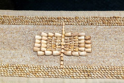 Funeral rug made from shells and seeds, Calakmul, Mayan archaeological museum, Fort San Jose,