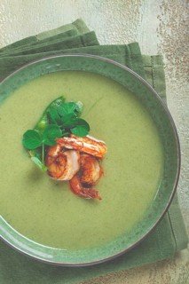 Pea cream soup, with shrimp, green soup, homemade, top view, no people